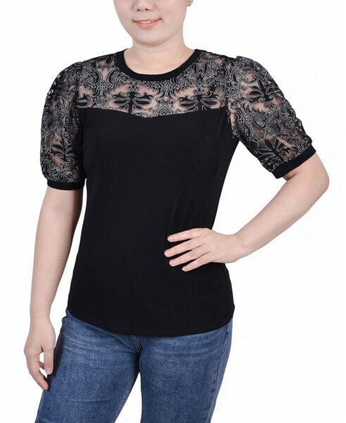 Petite Size Puff Lace-Sleeve Top