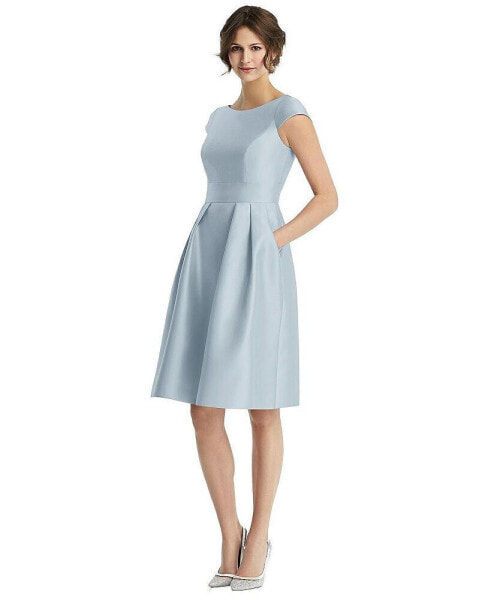 Womens Cap Sleeve Pleated Cocktail Dress with Pockets