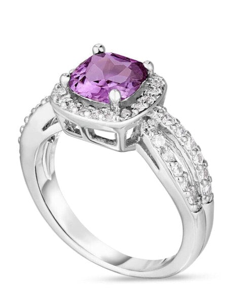 Simulated Birthstone Cushion Cubic Zirconia Halo Solitaire Ring in Silver Plate