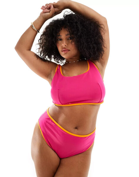 ASOS DESIGN Curve contrast binding high leg high waist bikini bottom in pink