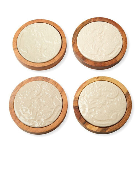 Acacia Wood Coasters with Floral Designs in Porcelain on Coasters, Set of 4