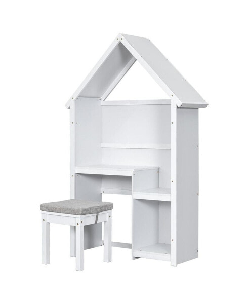 House-Shaped Desk With A Cushion Stool, White