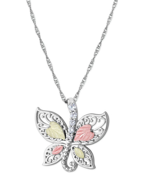 Black Hills Gold cubic Zirconia Butterfly Pendant 18" Necklace in Sterling Silver with 12K Rose and Green Gold