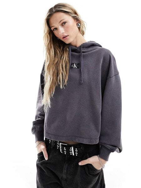 Calvin Klein Jeans washed woven label hoodie in washed black