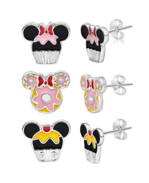 Mickey and Minnie Mouse Fashion Stud Earring - Cupcakes and Donut, Silver/Pink - 3 pairs