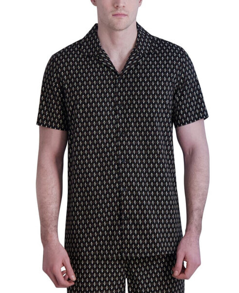 Men's Slim-Fit Diamond Grid Logo-Print Button-Down Camp Shirt, Created for Macy's