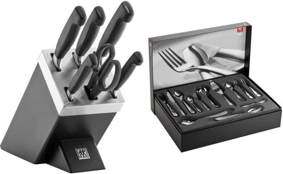 ZWILLING Nottingham Self-Sharpening Knife Block, 7-Piece Wooden Block & Cutlery Set, 68-Piece Set, for 12 People, 18/10 Stainless Steel/High Quality Blade Steel, Polished, Nottingham