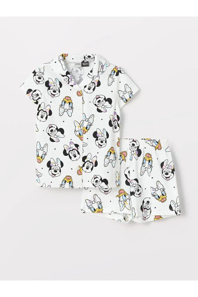 LCW Kids Gömlek Yaka Minnie Mouse Baskılı Kısa Kollu Kız Çocuk Şortlu Pijama Takımı