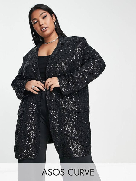 ASOS DESIGN Curve sequin oversized blazer in black