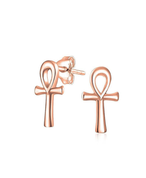 Minimalist Petite Delicate Religious Symbol of Life Egyptian Ankh Cross Stud Earrings For Women Rose Gold 2.5 Microns Vermeil Sterling Silver