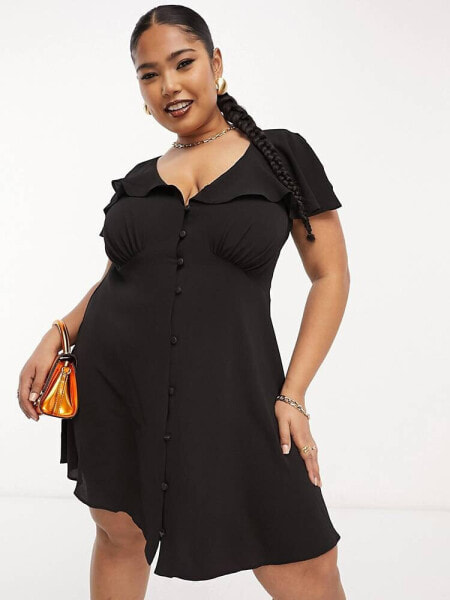 ASOS DESIGN Curve flutter sleeve mini tea dress with buttons in black