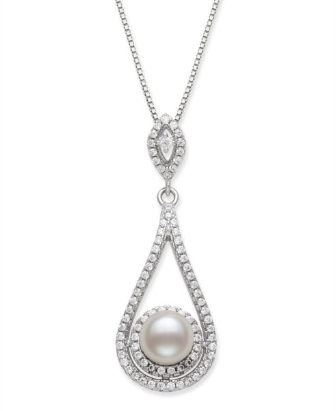 Macy's cultured Freshwater Pearl 6.5-7mm and Cubic Zirconia Drop Pendant in Sterling Silver with 18" Chain