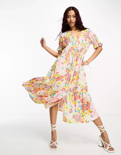 In The Style exclusive button through puff sleeve midi dress in ditsy floral