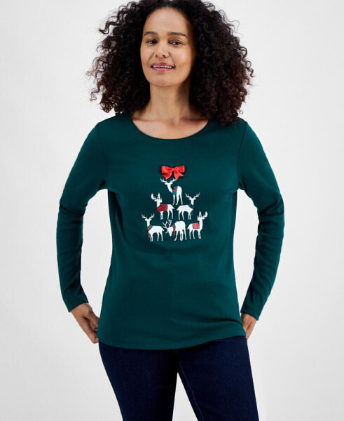 Women's Deer Celebration Long-Sleeve Top, Created for Macy's