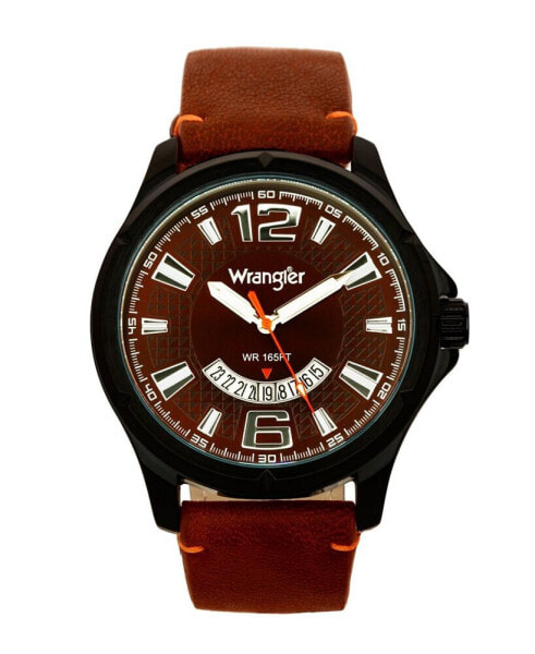 Men's Watch, 48MM IP Black Case, Brown Zoned Dial with White Markers and Crescent Cutout Date Function, Brown Strap with Red Accent Stitch Analog, Red Second Hand