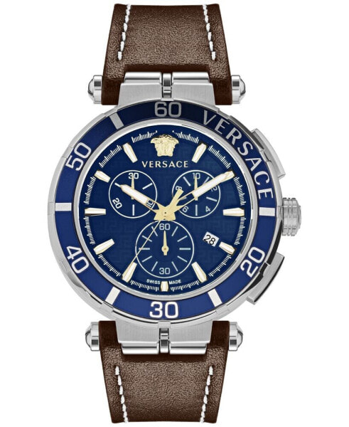 Men's Swiss Chronograph Greca Brown Leather Strap Watch 45mm