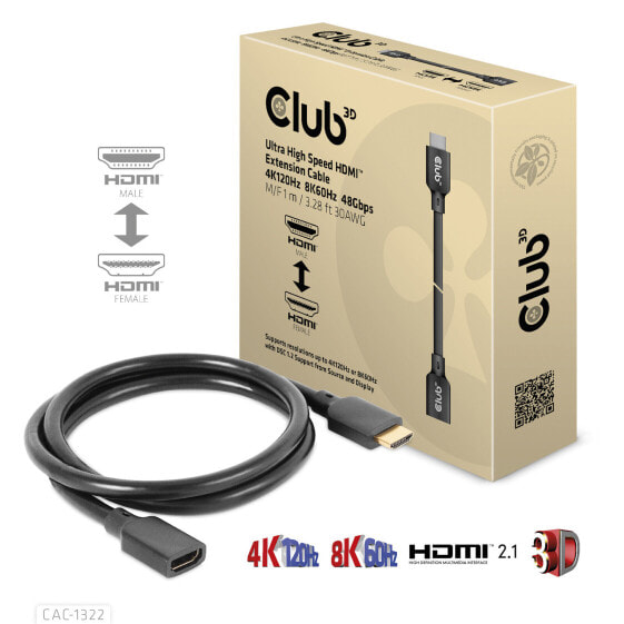 Club 3D Ultra High Speed HDMI Extension Cable 4K120Hz 8K60Hz 48Gbps M/F 1 m / 3.28 ft 30AWG - 1 m - HDMI Type A (Standard) - HDMI Type A (Standard) - Audio Return Channel (ARC) - Black