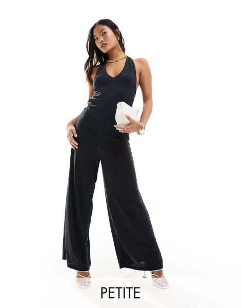 Vila Petite slinky halterneck wide leg jumpsuit in black