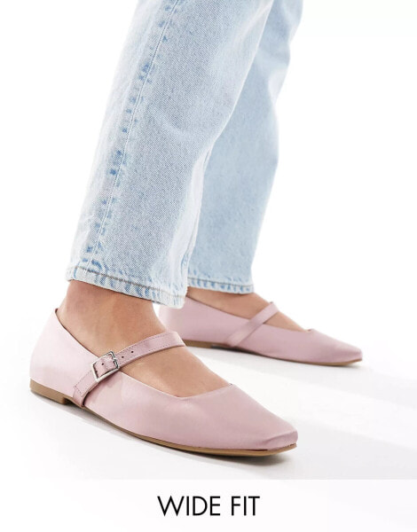 ASOS DESIGN Wide Fit Lottie Mary Jane Ballet in Pink satin