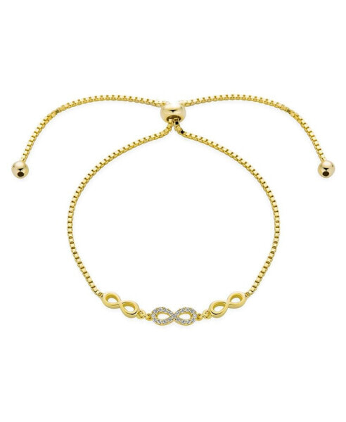 Delicate Dainty Romantic Symbols Love Knot Trio Multi CZ Accent Infinity Bolo Bracelet Yellow 14K Gold Plated Sterling Silver Adjustable Slide