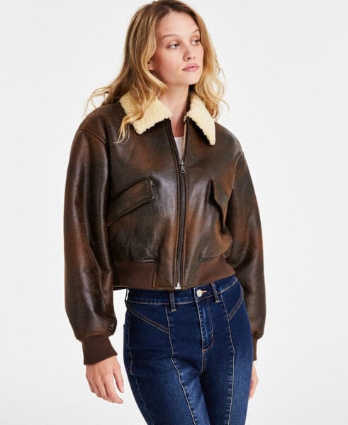 Juniors' Faux-Fur-Collar Bomber Jacket