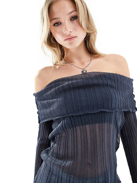 COLLUSION knitted sheer multi-way pleated jumper with hood in petrol blue