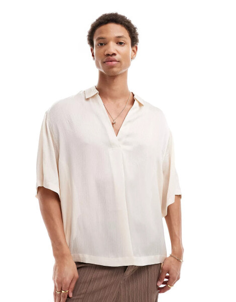 ASOS DESIGN short sleeve oversized overhead textured satin shirt in off white