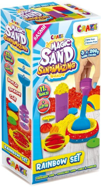 Детский набор для творчества CRAZE MAGIC SAND - Sandamazing- Rainbow Set, 3x150 г песка разных цветов (синий, желтый, красный), 11 песочных инструментов и форм.