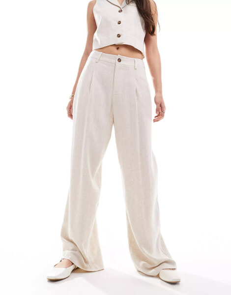 Miss Selfridge linen blend tailored wide leg trouser in natural slub