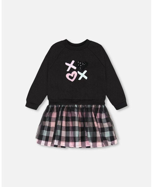 Girl Bi-Material Sweatshirt Dress With Tulle Skirt Black And Colorful Plaid - Child