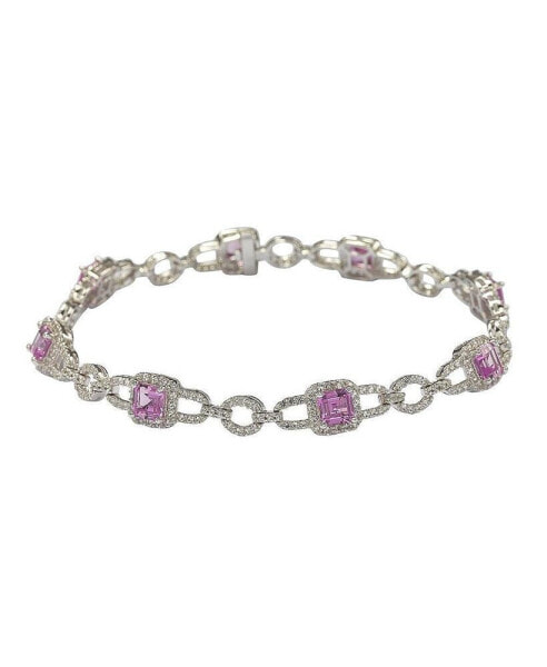 Pink Sapphire & Lab-Grown White Sapphire Asscher-cut Pave Link Bracelet in Sterling Silver