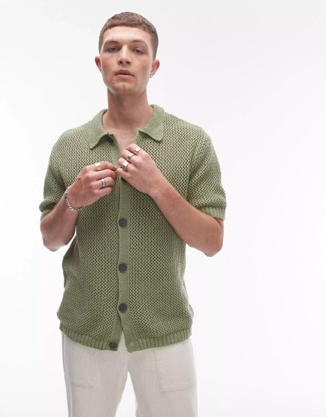 Topman knitted crochet shirt in green