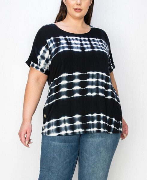 Plus Size Tie Dye Side Button Roll Sleeve Top