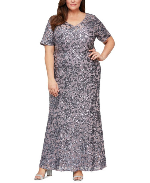 Plus Size Sequined Flutter-Sleeve Gown