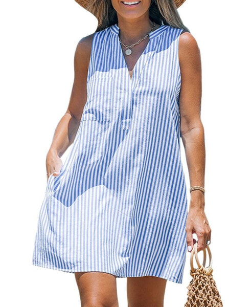 Women's Blue & White Stripe Sleeveless V-Neck Mini Beach Dress