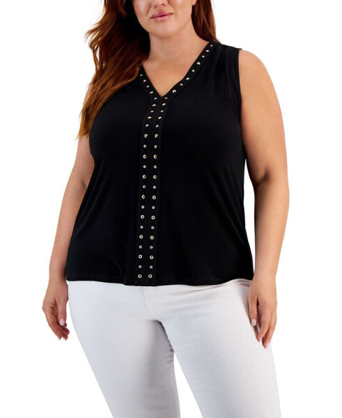 Plus Size V-Neck Stud-Trim Top, Created for Macy's