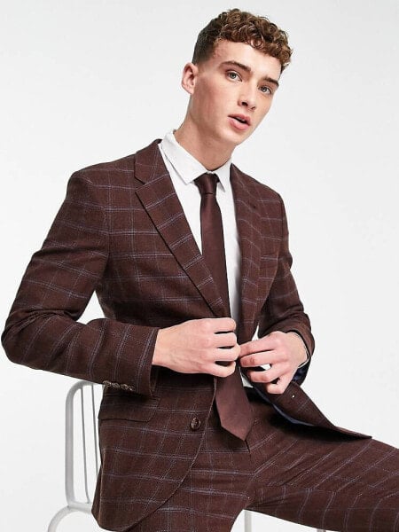 Noak wool-rich skinny suit jacket in burgundy check