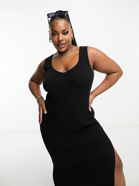 Женское повседневное платье ASOS Curve ASOS DESIGN Curve Midi-Strickkleid in Schwarz mit V-Ausschnitt