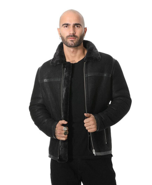 Men's Leather Banded Sheepskin Casual Jacket, Washed Black with Black Wool