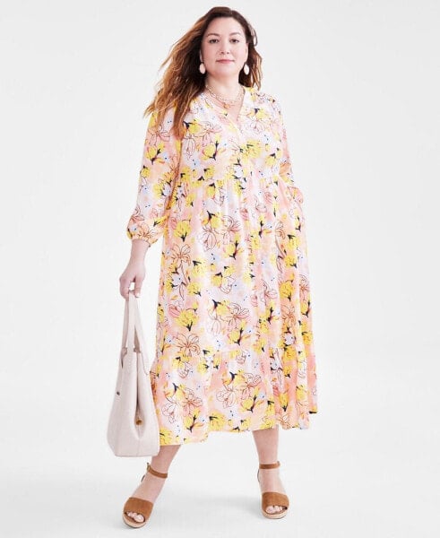 Plus Size Floral-Print Tiered 3/4-Sleeve Dress, Created for Macy's