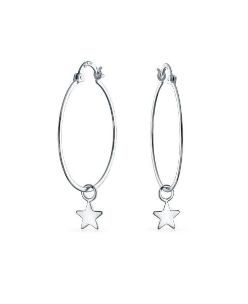 American USA Patriotic Celestial Rock Super Stars Dangle Charm Round Tube Thin Big Star Hoop Earrings For Women Sterling Silver 1.6 Inch Diameter