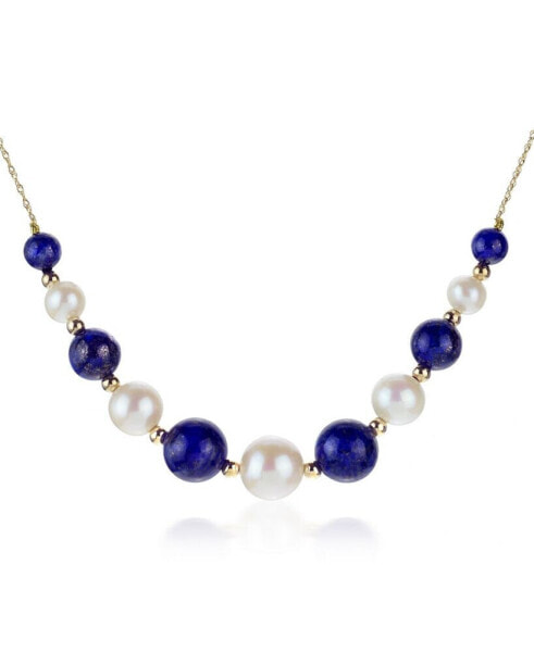 White Freshwater Cultured Pearls (6.5-9.5mm) with Blue Lapis (27 ct. t.w), and Gold Beads (3mm) 18" Necklace in 14k Yellow Gold. Also Available with Onyx and Turquoise