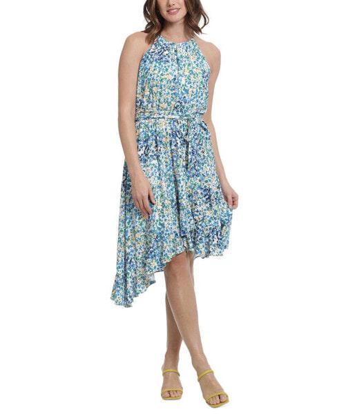 Petite Printed Asymmetrical-Flounce-Hem Dress