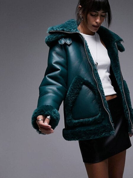 Topshop faux leather shearling oversized aviator jacket with double collar detail in teal