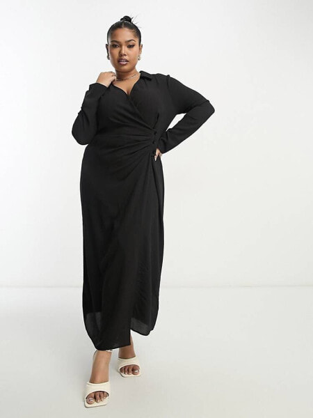 ASOS DESIGN Curve ruched front button up wrap shirt midi dress in black