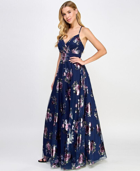 Juniors' Strappy Floral Metallic Mesh Gown, Created for Macy's