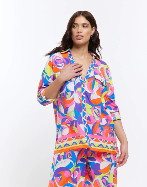 River Island abstract print oversized beach shirt in bright blue