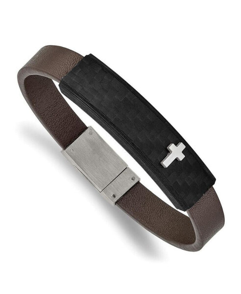 Stainless Steel Cross Solid Carbon Fiber Brown Leather Bracelet