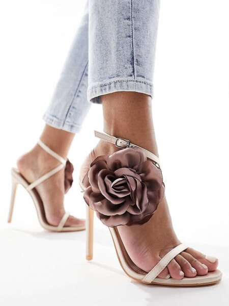 Public Desire Rossa mid heeled sandal with rosette in light pink satin