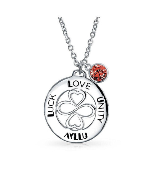 Bling Jewelry ayllu Amulet Talisman Intertwine Symbol Heart Infinity Clover For Love Luck Unity Inspirational Words Round Disc BFF Pendant Necklace For Women Teens Sterling Silver Red Crystal January Birth Month